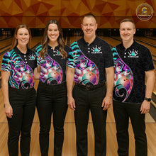 Load image into Gallery viewer, Group of  bowlers in turquoise neon wave team shirts, personalized bowling uniforms front view