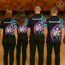 Load image into Gallery viewer, Group of bowlers in turquoise neon wave team shirts, personalized bowling uniforms back view