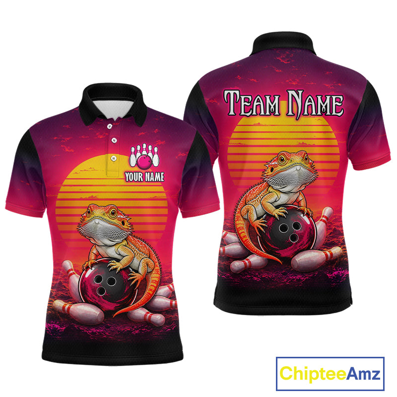 Custom retro sunset bearded dragon bowling jersey for men, personalized team bowling polo shirt front view and back view