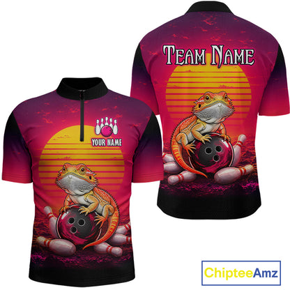 Custom retro sunset bearded dragon bowling jersey for men, personalized team bowling quarter zip shirt front view and back view