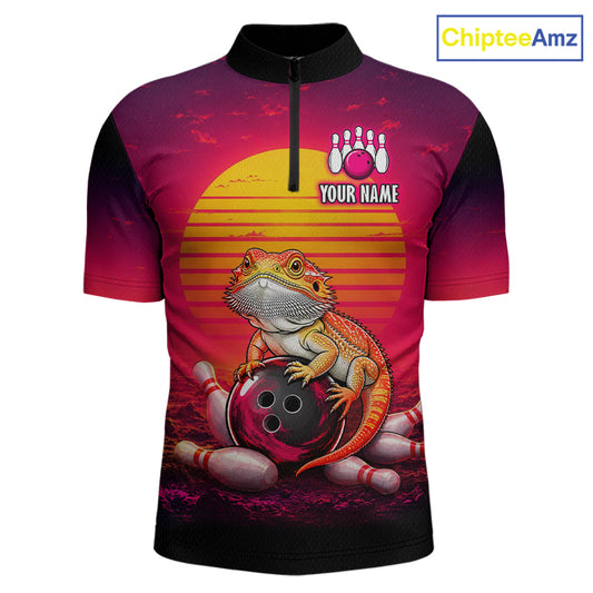 Custom retro sunset bearded dragon bowling jersey for men, personalized team bowling quarter zip shirt front view