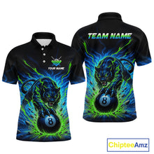 Load image into Gallery viewer, Black polo shirt with a panther and 8-ball design on a white background, featuring 'Chiptee Amz' branding.