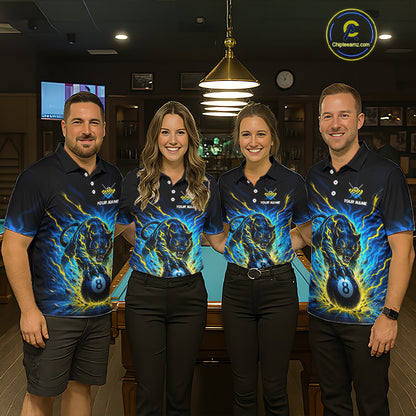 Four people wearing matching blue and yellow polo shirts with a panther design in a bar setting.