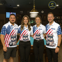 Load image into Gallery viewer, Four people wearing matching American flag-themed shirts with bulldog graphics in a bar setting.