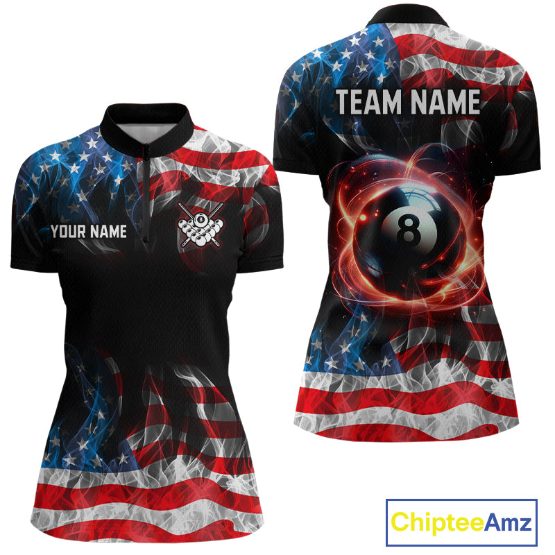 Customizable women's short-sleeve polo shirt shown from the front and back on a white background. The shirt features a black base with a distressed American flag print in red, white, and blue, plus a large 8-ball graphic on the back with 'TEAM NAME' and 'YOUR NAME' placeholder text.
