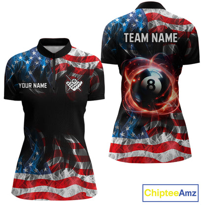Customizable women's short-sleeve polo shirt shown from the front and back on a white background. The shirt features a black base with a distressed American flag print in red, white, and blue, plus a large 8-ball graphic on the back with 'TEAM NAME' and 'YOUR NAME' placeholder text.