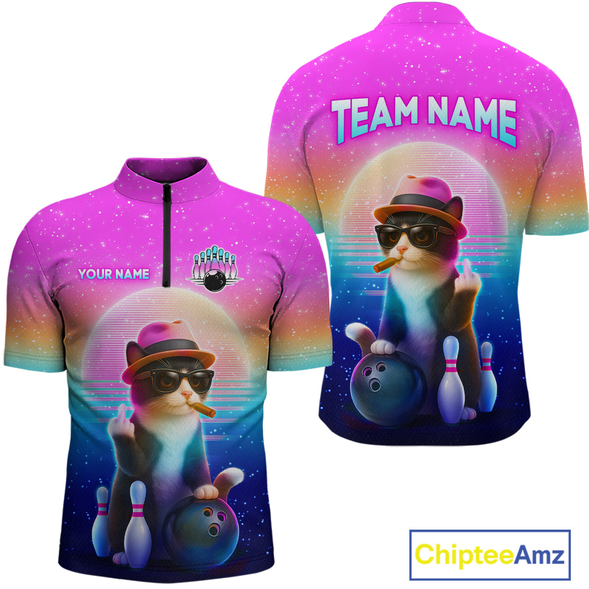 Custom Funny Cat Bowling Shirt for Men Retro Wave Bowling Team Jersey Polo & 1/4 Zip HNT200