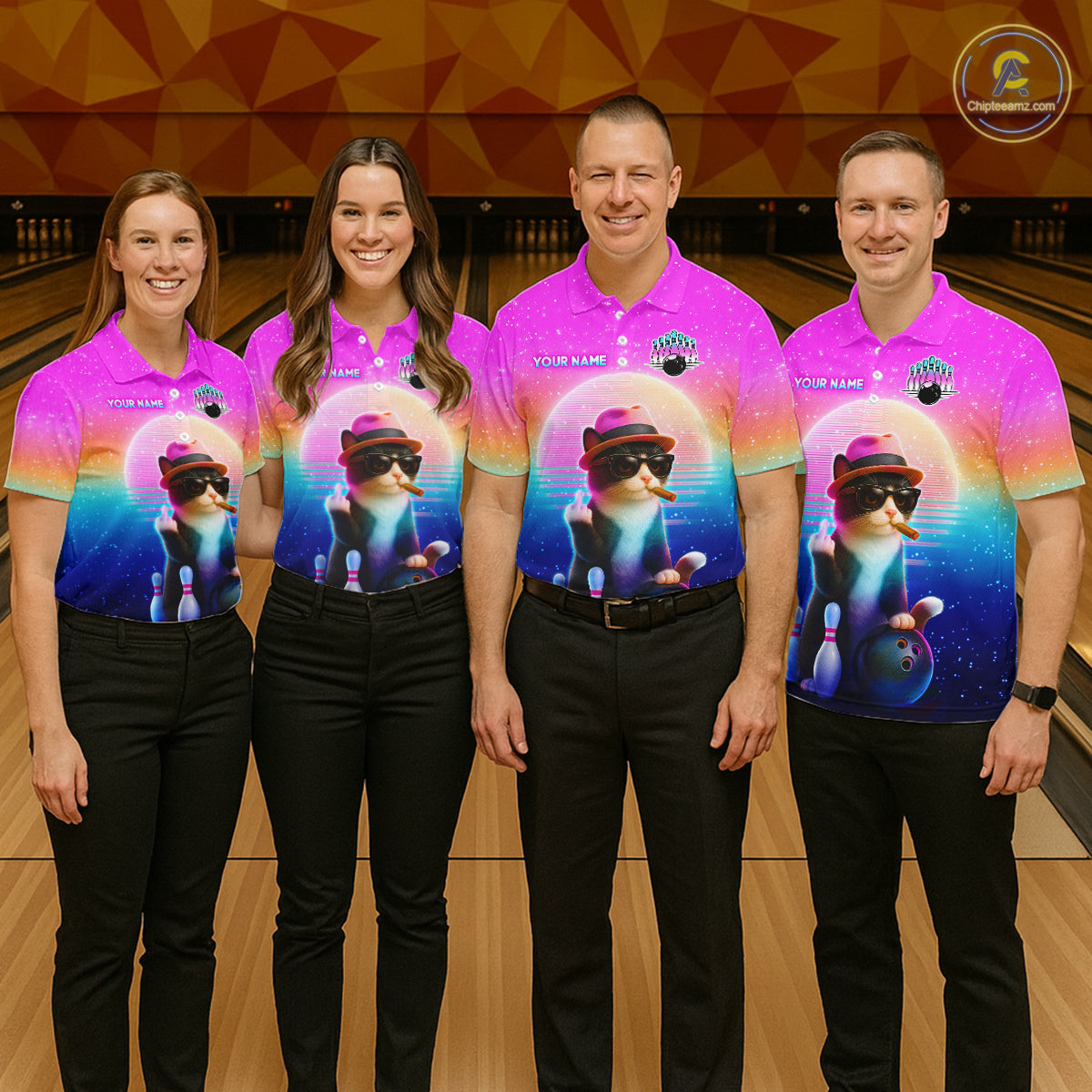 Custom Funny Cat Bowling Shirt for Women Retro Wave Bowling Team Jersey Polo & 1/4 Zip HNT200