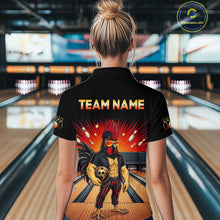 Load image into Gallery viewer, Women’s funny rooster bowling polo shirt, back view on female model in bowling lane 