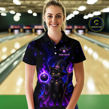 A woman wearing a black short-sleeve polo shirt with a colorful graphic of a black cat in a wizard hat surrounded by purple magic, standing in front of a blurred bowling alley background. The shirt has a custom name placeholder on the chest and a circular 'ChileanSeam' watermark in the upper right.