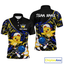 Load image into Gallery viewer, Black polo shirt with cartoon character and bowling elements, customizable text on a white background.