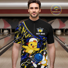 Load image into Gallery viewer, Man wearing a colorful bowling-themed shirt with a chicken graphic in a bowling alley.