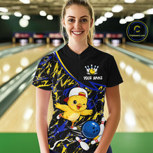 Load image into Gallery viewer, Person wearing a bowling shirt with a cartoon chicken design in a bowling alley.