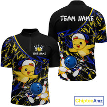 Load image into Gallery viewer, Black bowling-themed shirt with cartoon character and customizable text, featuring Chiptee Amz branding.