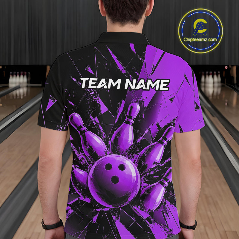 A man viewed from behind wearing a short-sleeve bowling-themed polo shirt with a purple and black graphic design featuring bowling pins, a bowling ball, and the text 'TEAM NAME'. The background shows bowling lanes, and a circular 'Chipteeamz.