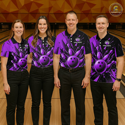 Four people standing together in a bowling alley wearing matching custom-designed bowling shirts with a purple and black bowling ball and hand graphic, paired with black pants.