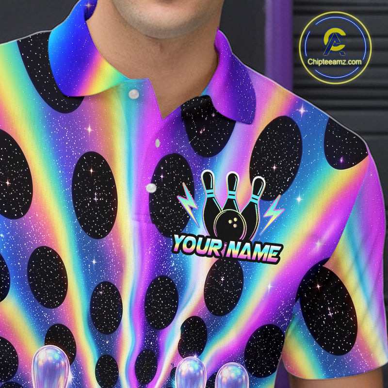 Men’s neon cosmic bowling polo shirt with custom name, angled front view showing custom team design 
