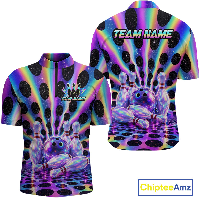 Custom neon cosmic bowling jersey for men, personalized team bowling quarter zip shirt front view and back view