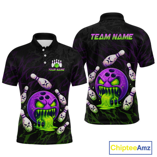 Black bowling-themed polo shirt with colorful design on front and back, featuring 'Team Name' text.