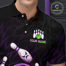 Load image into Gallery viewer, Black polo shirt with bowling design and 'Your Name' text, featuring a visible brand logo.