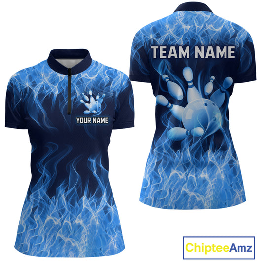 Custom Blue Flame Bowling Jersey for Women Polo & 1/4 Zip Bowling Team Shirts Bowling League HNT150