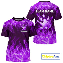 Load image into Gallery viewer, Purple bowling jersey with flame design and customizable text on a white background, featuring the brand 'Chiptee Amz'.