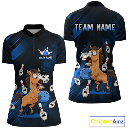 Custom Blue Funny Horse Bowling Jersey for Women Bowling Team Shirts Bowling Tournament HNT184