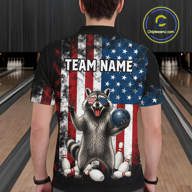 Men’s us flag raccoon bowling polo shirt, back view on male model in bowling lane 