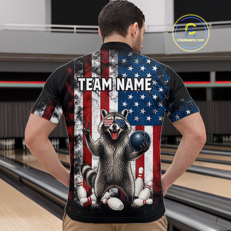 Men’s us flag raccoon bowling quarter zip shirt, back view on male model in bowling lane 