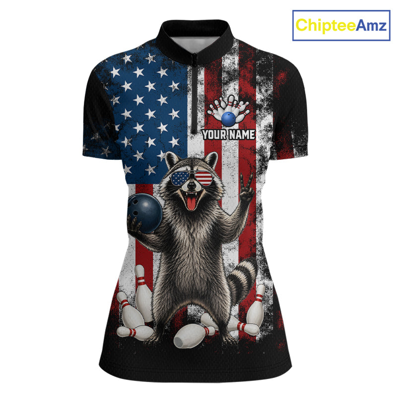 Custom us flag raccoon bowling jersey for women, personalized team bowling quarter zip shirt front view