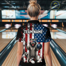 Load image into Gallery viewer, Women’s us flag raccoon bowling quarter zip shirt, back view on female model in bowling lane 