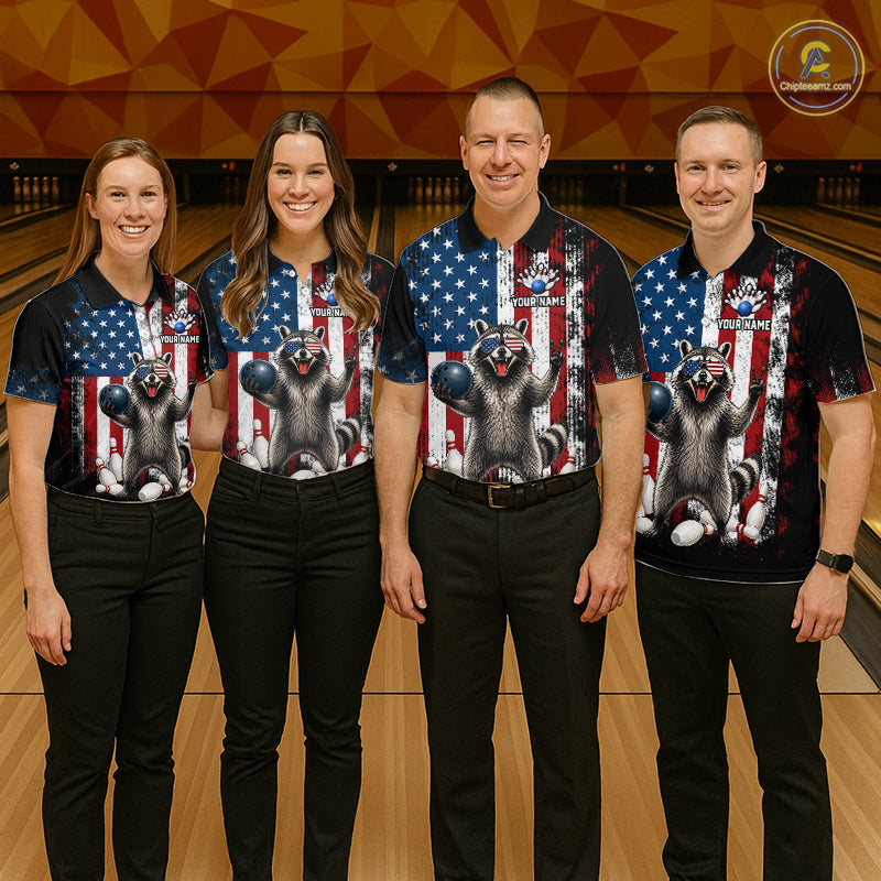 Group of bowlers in us flag raccoon team shirts, personalized bowling uniforms front view.