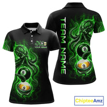 Load image into Gallery viewer, Black polo shirt with green pool ball design on a white background