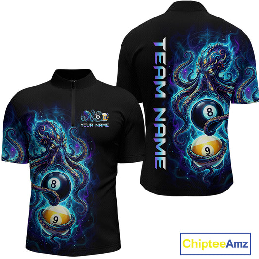 Black polo shirt with octopus design and 'Team Name' text on the back, featuring Chiptee Amz branding.