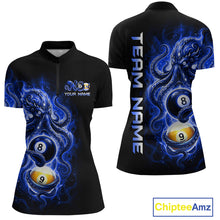 Load image into Gallery viewer, Black polo shirt with blue and white design featuring pool balls and 'Team Name' text, on a white background.