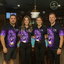 Load image into Gallery viewer, Four people wearing matching purple and black shirts with a pool ball design in a billiards hall.