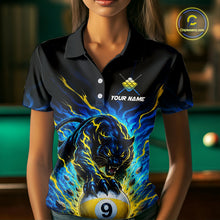 Load image into Gallery viewer, Person wearing a black polo shirt with a panther and pool ball design, with a blurred pool table in the background.