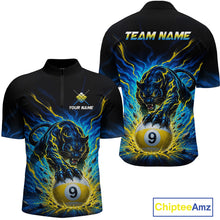 Load image into Gallery viewer, Black shirt with panther and pool ball design, featuring 'Team Name' and 'Your Name' text on a white background.