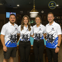 Load image into Gallery viewer, Four people wearing matching billiard shirts in a billiard alley.