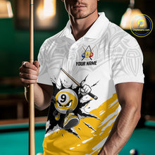 Load image into Gallery viewer, Man holding a pool cue wearing a white polo shirt with a pool-themed design and 'Your Name' text.