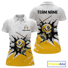 Load image into Gallery viewer, Two polo shirts with a 9-ball design and customizable text on a white background.
