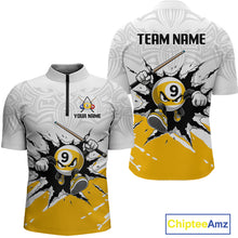 Load image into Gallery viewer, White and yellow sports jersey with billiard ball design on a white background, featuring 'Chiptee Amz' branding.