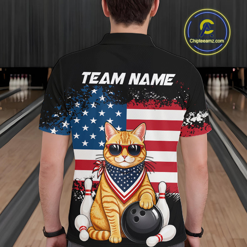 Men’s us flag cat bowling polo shirt, back view on male model in bowling lane 