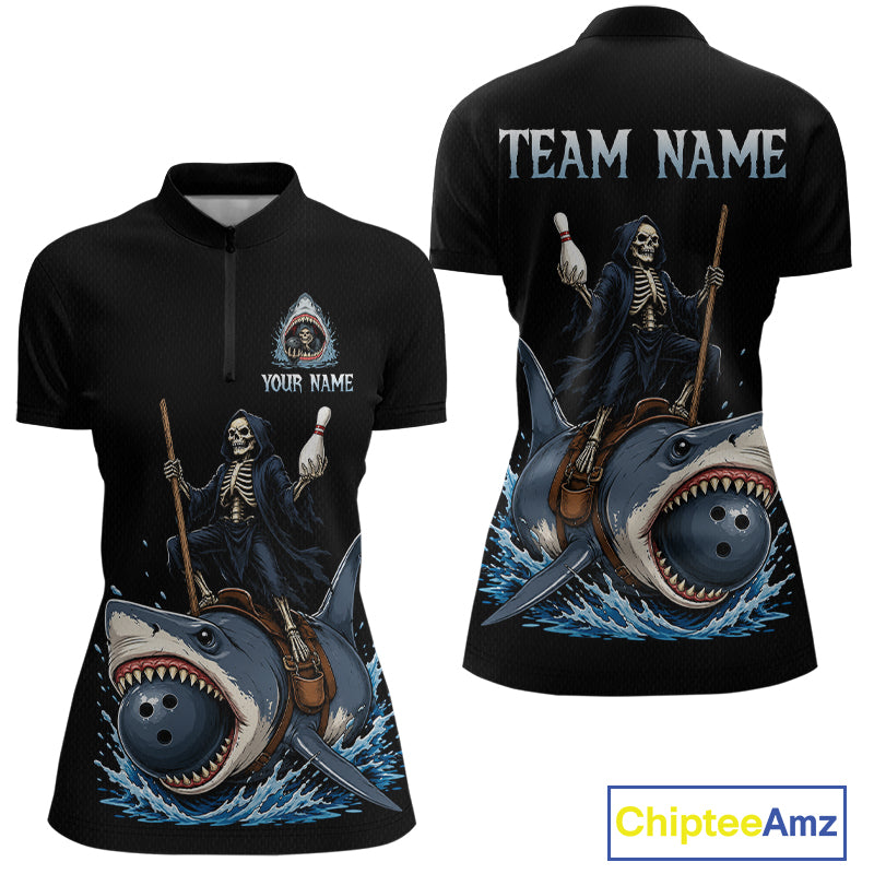 Black short-sleeve polo shirt shown from front and back, featuring a grim reaper riding a shark with bowling pins and balls, plus customizable text areas on the chest and back.