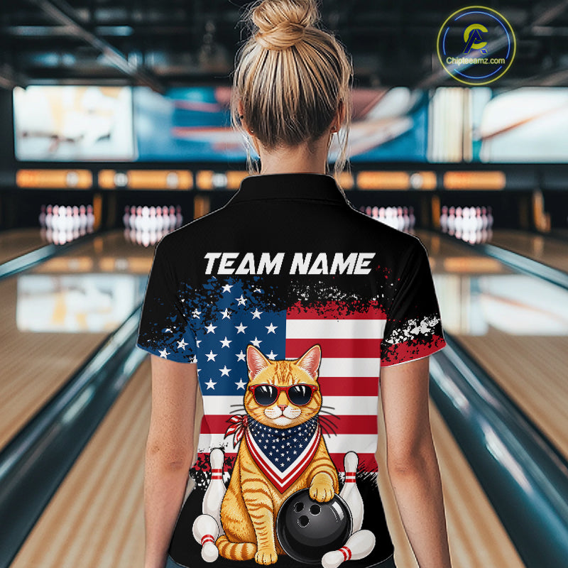 Women’s us flag cat bowling quarter zip shirt, back view on female model in bowling lane 