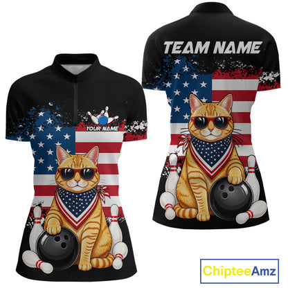 Custom us flag cat bowling jersey for women, personalized team bowling quarter zip shirt front view and back view