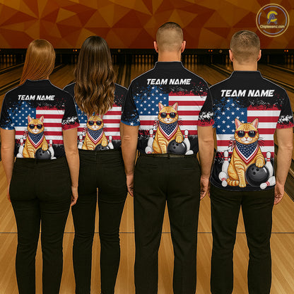 Group of bowlers in us flag cat team shirts, personalized bowling uniforms back view.