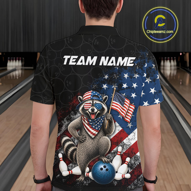 Men’s us flag raccoon bowling polo shirt, back view on male model in bowling lane 