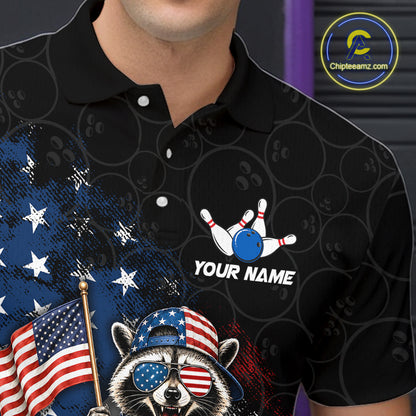 Men’s us flag raccoon bowling polo shirt with custom name, angled front view showing custom team design 
