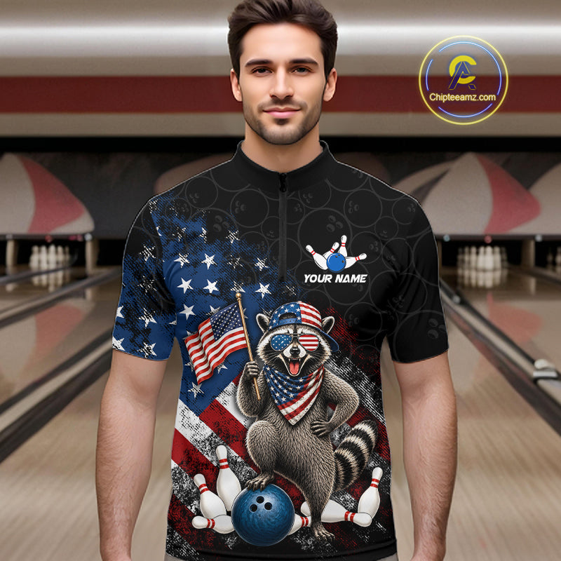 Men’s us flag raccoon bowling quarter zip shirt, front view on male model in bowling lane 